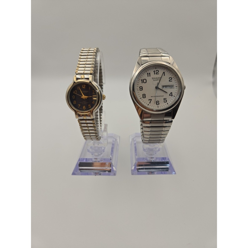 Set Of 2 Vintage Sharp Watches. Silvertone/Twotone, Date Display,Quartz,Stretch.